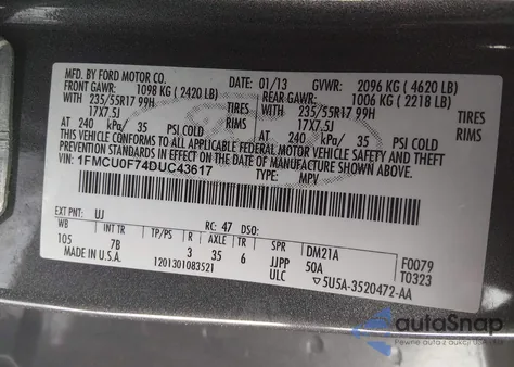 2013 Ford Escape S z USA, uszkodzony, nr VIN 1FMCU0F74DUC43617